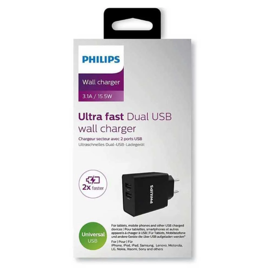 Philips Ultra fast Dual USB Wall Charger 3.1A/ 15.5W