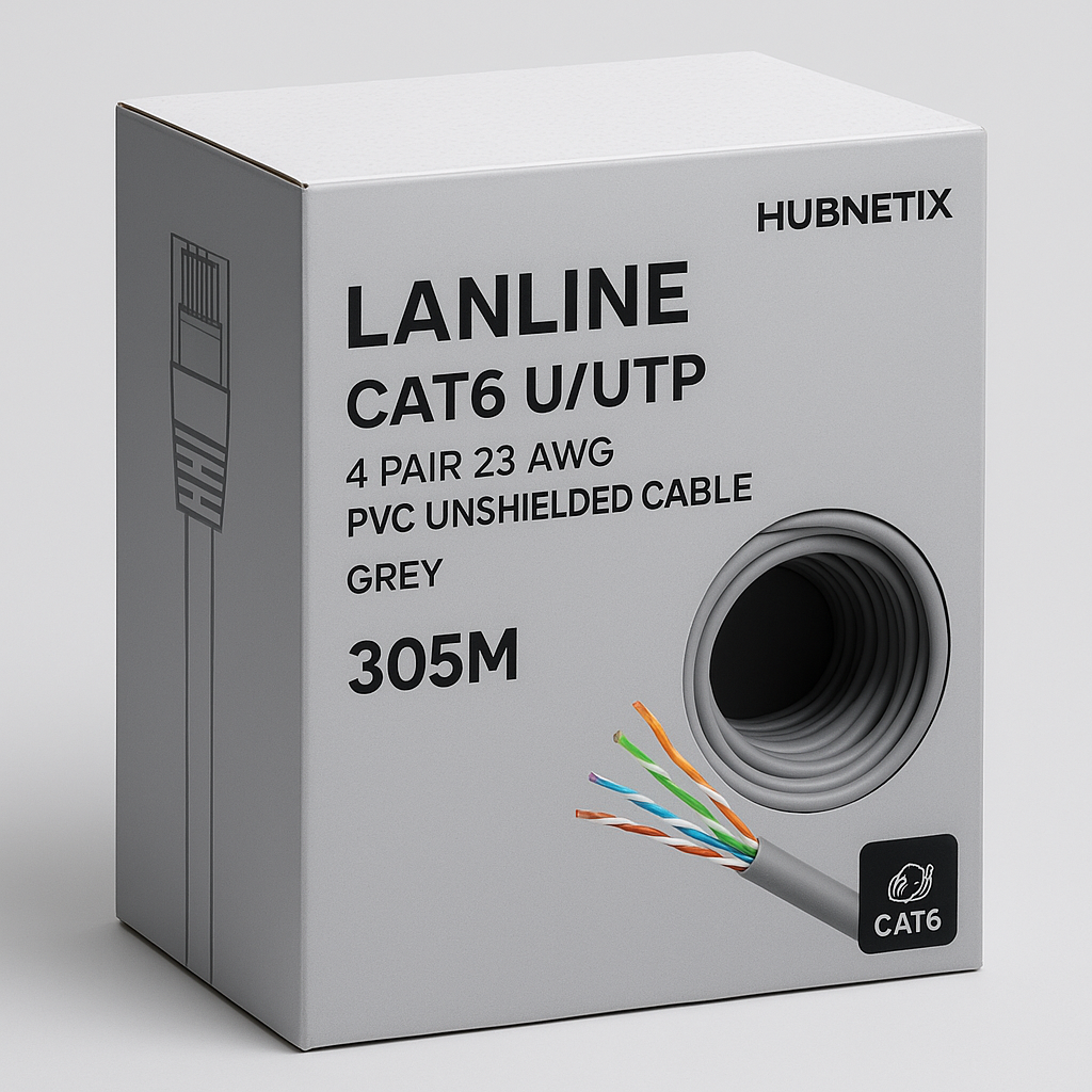 HUBNETIX LANLINE CAT6 U/UTP 4 PAIR 23 AWG PVC UNSHIELDED CABLE GREY 305M